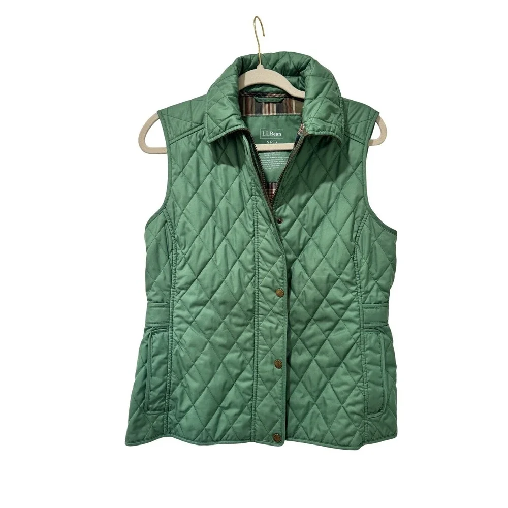 L.L.Bean‎ Quilted Vest Women Small Green Excellent Plaid Lined Corduroy Trim